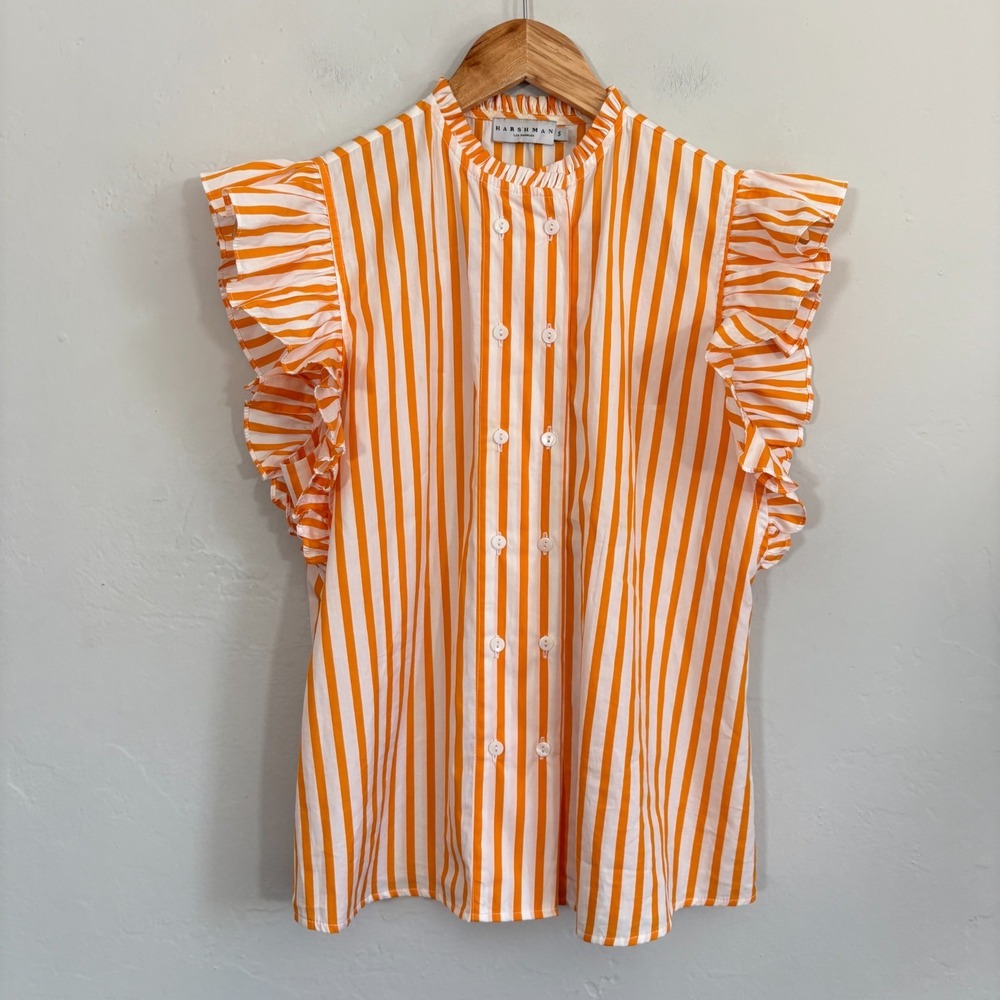 Anthropologie Harshman La Button Striped Top Women Size Small Orange White Flaw